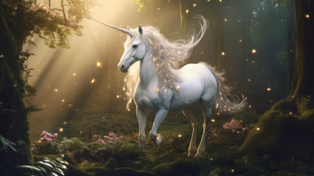 A mystical and graceful unicorn galloping through a mystical forest, its silver-white coat shimmering under the moonlight. forest AI generated.の素材