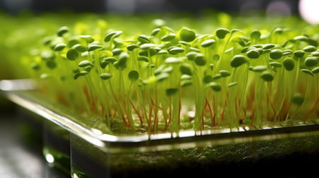 Lively radish microgreens sprouting, showcasing their vibrant green leaves and distinct spicy flavor, ready to salads enhances and dishes. AI generated.の素材
