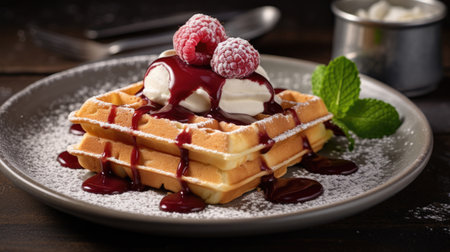 Viennese waffles with powdered sugar, berries and cream. AI generated.の素材