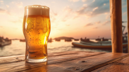 A captivating close-up of a frothy beer glass, with bubbles cascading upwards, showcasing the effervescence and crispness that make it a beloved summer drink. AI generated.の素材