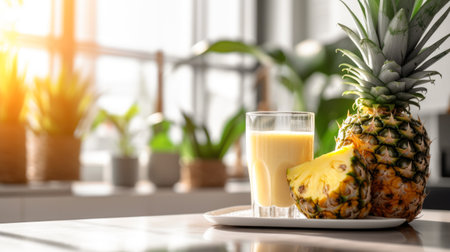 An inviting display of a mason jar filled with a pineapple smoothie, pineapple wedge, showcasing the delightful fusion of health and flavor. AI generated.の素材
