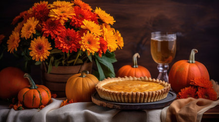 A delectable pumpkin pie placed beside a vibrant pumpkin, creating a delightful autumnal scene that evokes warmth and the flavors of the season. AI generated.の素材