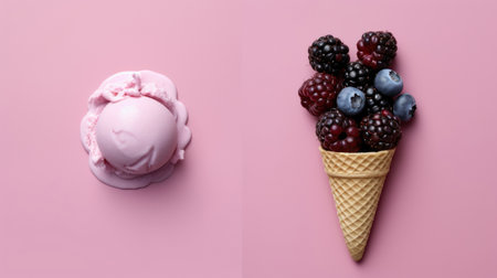 A minimalist composition of a berry waffle ice cream, featuring a clean design aesthetic and the harmony between the juicy berries, crispy waffle cone, and creamy ice cream AI generated.の素材