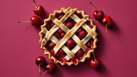 A minimalistic portrayal of a cherry pie, highlighting the purity of its ingredients and the elegance of its design, capturing the essence of simplicity AI generated.の素材