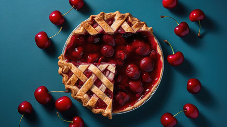 A serene minimalistic representation of a cherry pie, with its symmetrical slices and clean presentation, AI generated.の素材