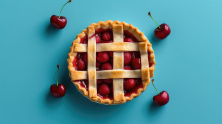 minimalist image of a cherry pie, showcasing its rich red cherry filling and flaky crust against a clean background, celebrating the delightful flavors of this beloved dessert. AI generated.の素材