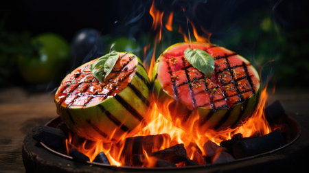 grilled watermelon, featuring its juicy and caramelized slices, adding a delightful twist to a beloved summer fruit, AI generated.の素材