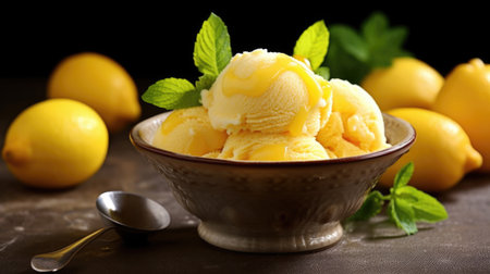 An enticing view of lemon sherbet, showcasing its smooth and velvety texture, along with a garnish of fresh lemon, evoking the sensation of a cooling and invigorating dessert AI generated.の素材