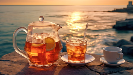 iced tea with the breathtaking view of the sea as a backdrop, showcasing the harmonious blend of nature's tranquility and the refreshing summer drink, serenity and relaxation. AI generated.の素材