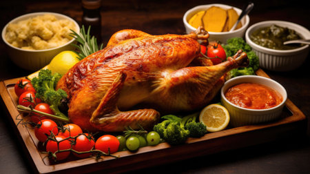 A beautifully roasted turkey centerpiece on a festive table, exuding warmth and abundance, perfect for celebratory gatherings and holiday feasts. AI generated.の素材