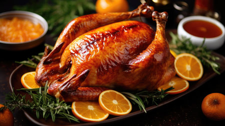 perfectly baked turkey, presented as the centerpiece of a festive table, AI generated.の素材