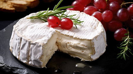A delectable Camembert cheese displayed on a table, showcasing its creamy texture and rich flavor, perfect for indulgent cheese platters and gourmet culinary experiences. AI generated.の素材