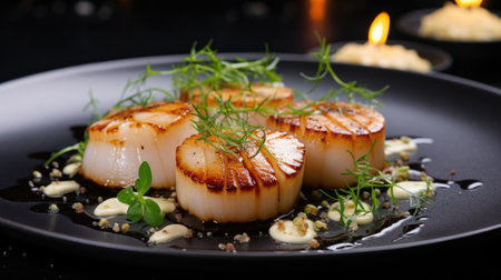 Freshly seared scallops on a white plate, garnished with herbs, presenting a mouthwatering seafood delicacy. AI generated.の素材