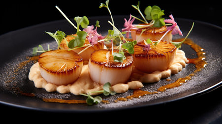 Scallops sauteed in butter and served with a tangy citrus sauce, providing a delightful combination of richness and acidity. AI generated.の素材