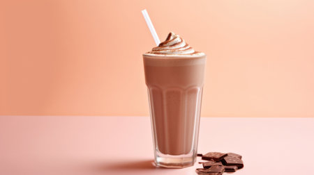luscious chocolate Milkshake cocktail with a creamy texture and enticing presentation, served on a neutral beige background. AI generated.の素材