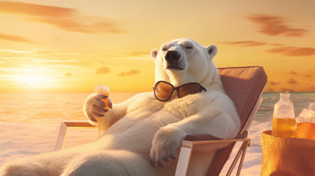 A polar bear finds temporary comfort on melting ice, a poignant reminder of the repercussions of rising temperatures on wildlife. AI generated.の素材