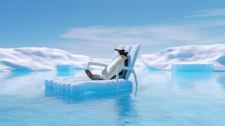 An adorable penguin enjoying the warmth of the sun in Antarctica, showcasing the impact of global warming on polar regions. AI generated.の素材