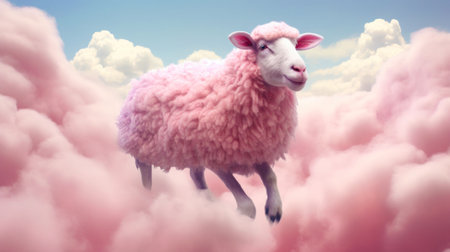 In a surreal landscape, pink sheep traverse the sky, AI generated.の素材