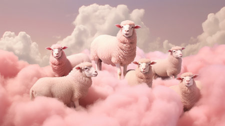 A surreal scene of pink sheep grazing peacefully amidst fluffy clouds, creating a whimsical and dreamlike atmosphere. AI generated.の素材