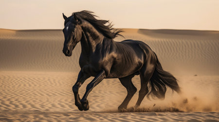 In the solitude of the desert, a black horse stands tall, representing the untamed spirit of the wild and the allure of the open terrain. AI generated.の素材