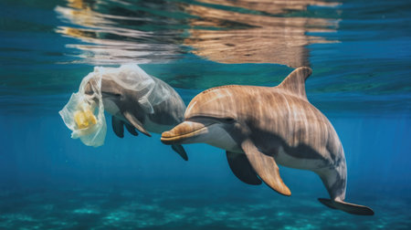 An alarming image of a dolphin entangled in a plastic bag, shedding light on the urgent need to combat plastic pollution and protect marine life. AI generated.の素材