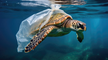 turtle trapped in a plastic bag, highlighting the devastating impact of pollution on marine life. AI generated.の素材