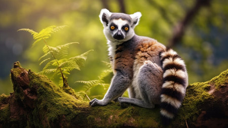 Fascinating lemur, a symbol of Madagascar's biodiversity, gracefully perched on a tree branch, blending perfectly with the lushness of nature AI generated.の素材
