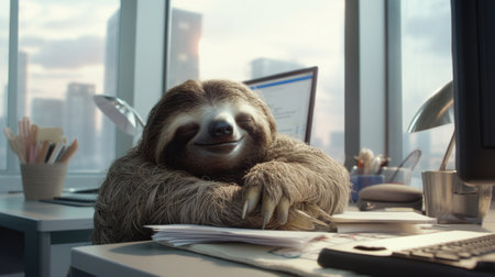 A relaxed sloth peacefully sleeps in an office space, embracing a tranquil and unconventional workplace vibe AI generated.の素材