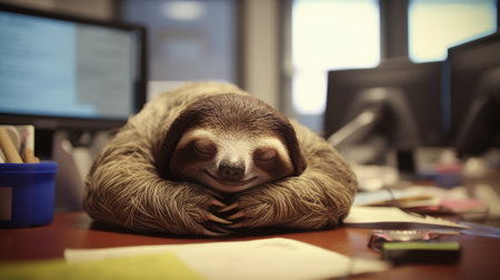 Tranquil sloth finding solace in an office setting, embodying a calm and serene atmosphere that promotes relaxation and work-life balance AI generated.の素材
