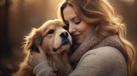 Pure love and happiness: A woman and her cherished dog embrace, radiating joy and contentment, exemplifying the joyous connection found in human-animal relationships AI generated.の素材