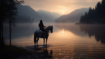 A woman embarks on a scenic horseback journey, accompanied by nature's beauty and a serene lake, creating a picturesque adventure AI generated.の素材