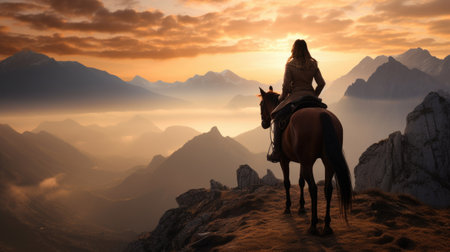 Conquering the mountains: A woman on horseback ventures fearlessly through the majestic peaks, experiencing the thrill and beauty of an adventurous mountain ride AI generated.の素材