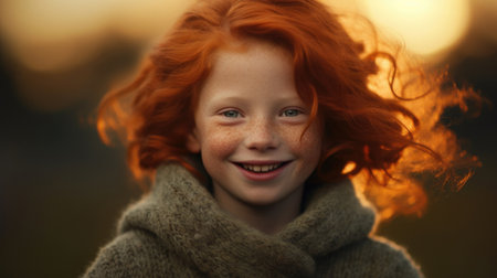 vibrant red-haired boy during a captivating sunset. AI generated.の素材