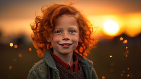 With the sky ablaze in hues of orange, a contemplative red-haired boy savors the peacefulness of dusk. AI generated.の素材