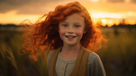 Against a backdrop of colorful clouds, a radiant red-haired girl basks in the enchanting atmosphere of a sunset. AI generated.の素材