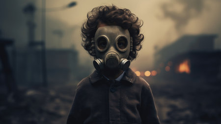 Against a backdrop of thick smoke, a child wearing a gas mask serves as a powerful symbol of the detrimental effects of air pollution on vulnerable populations. AI generated.の素材