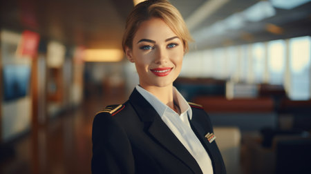 A friendly woman stewardess greets passengers with a warm smile, epitomizing the professionalism and hospitality of the aviation industry. AI generated.の素材