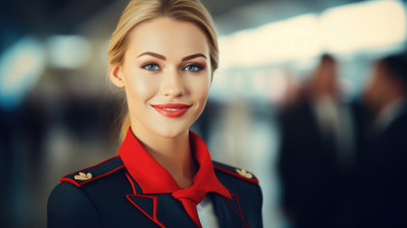 Standing confidently in her uniform, a smiling woman stewardess embodies the essence of exceptional customer service and assistance at the airport. AI generated.の素材