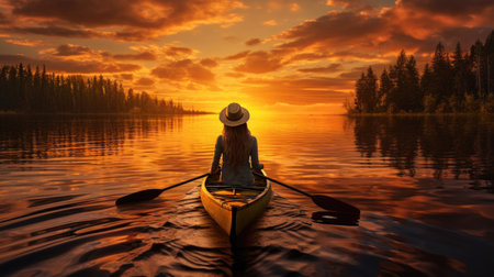 Adventurous female kayaker exploring scenic waterways, embracing the serenity of the outdoors. AI generated.の素材