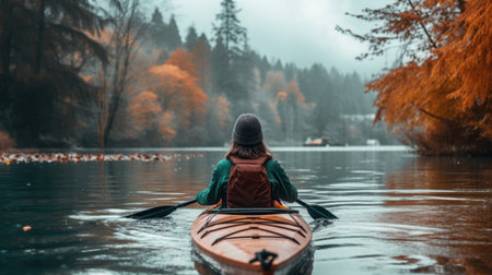 Tranquil kayak adventure for a woman, seeking balance and escape in the beauty of nature. AI generated.の素材