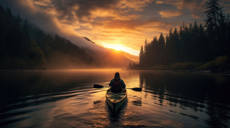 Nature-loving woman embracing the thrill of kayaking, surrounded by picturesque landscapes. AI generated.の素材