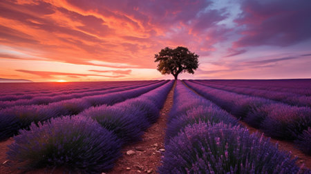 Serene lavender field, a captivating expansion of purple blooms, emanating tranquility and natural beauty. AI generated.の素材