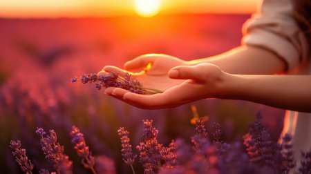 Captivating lavender field, a serene landscape that immerses you in the beauty and tranquility of nature. hands with lavender. AI generated.の素材