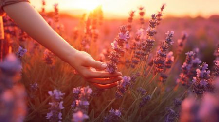 Tranquil scenery of a lavender field, capturing the essence of relaxation and calmness. hands with lavender. AI generated.の素材