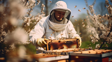 Skilled apiarist collecting golden honey from buzzing beehives, showcasing the importance of beekeeping in honey production. AI generated.の素材
