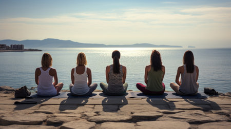 A group of women practicing yoga on a serene beach backdrop, finding peace and harmony amidst the beauty of the sea. AI generated.の素材