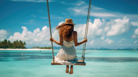 A woman enjoying a swing in the Maldives, with a picturesque view of the turquoise waters, capturing a moment of pure bliss. AI generated.の素材