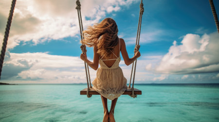 Back view of a woman experiencing pure delight as she swings in the Maldives, surrounded by breathtaking ocean views, embracing the sense of freedom and relaxation AI generated.の素材