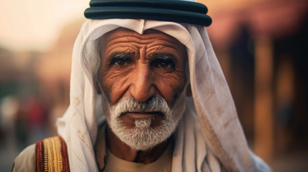 A dignified Arab man poses for a portrait, exuding confidence and cultural heritage through his attire and expression AI generated.の素材