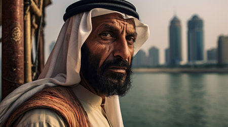 A confident Middle Eastern man dons a traditional headdress, embodying the timeless traditions and cultural identity of the Arab community. AI generated.の素材